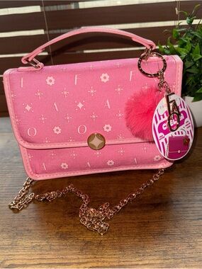FAO Schwarz Pink Monogram Crossbody Bag with Pom Keychain